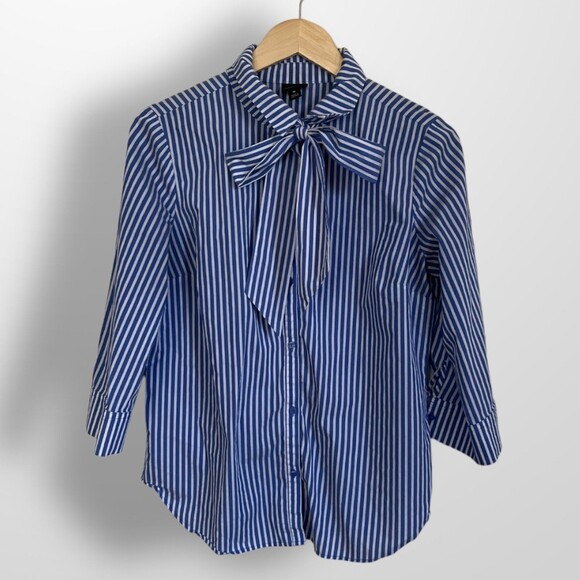 Blue Striped Worthington Button Up Bow Medium - Picture 1 of 5
